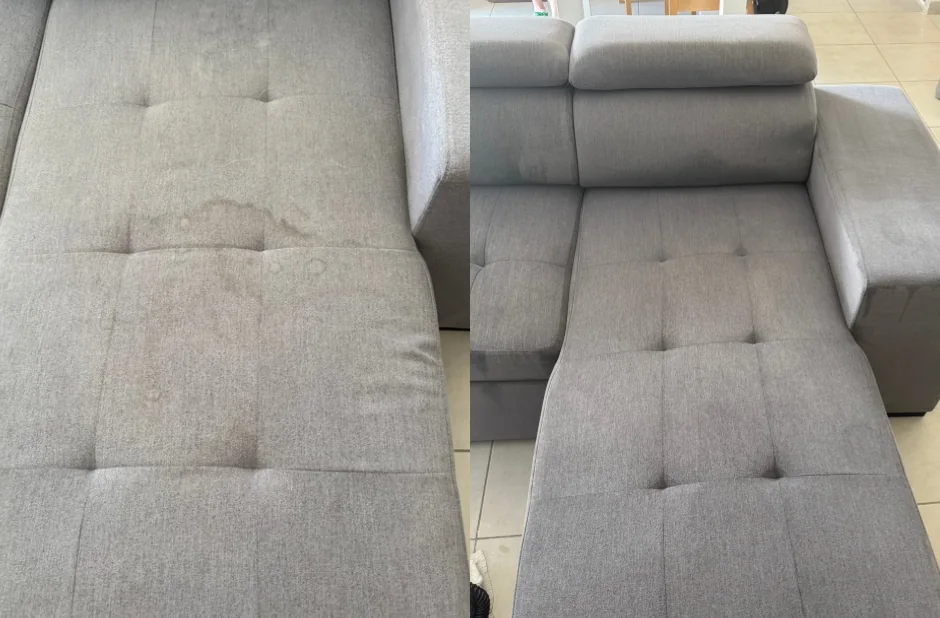Avant / après : canapé d'angle en tissu gris taché, puis nettoyé