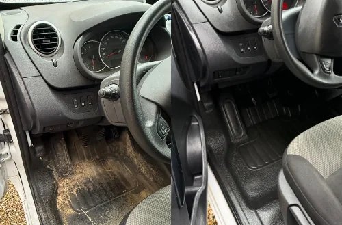 Avant / après : plancher et tapis conducteur couverts de terre, puis nettoyés