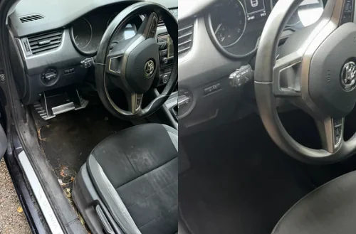 Avant / après : poste de conduite et plancher d'une voiture nettoyés
